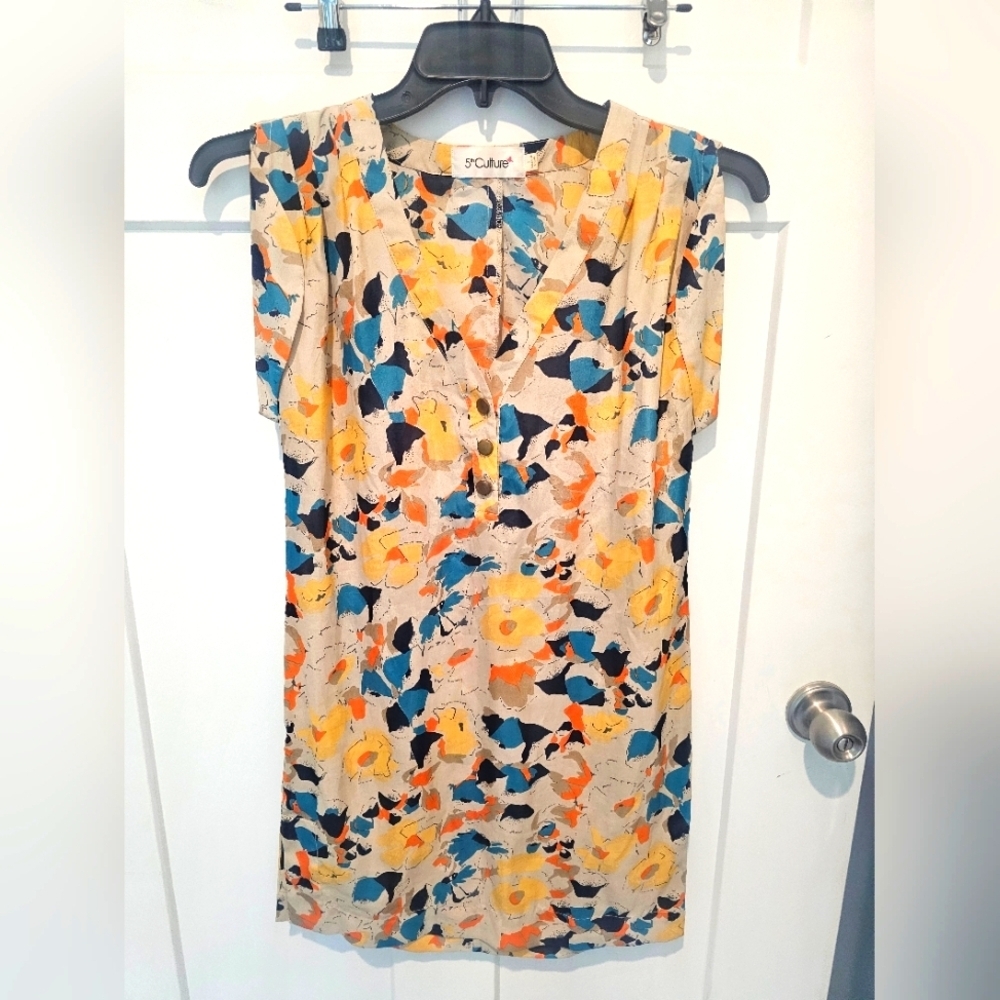 5th Culture Sleeveless Floral Print Shift Dress Size Small Beige Multicolor
